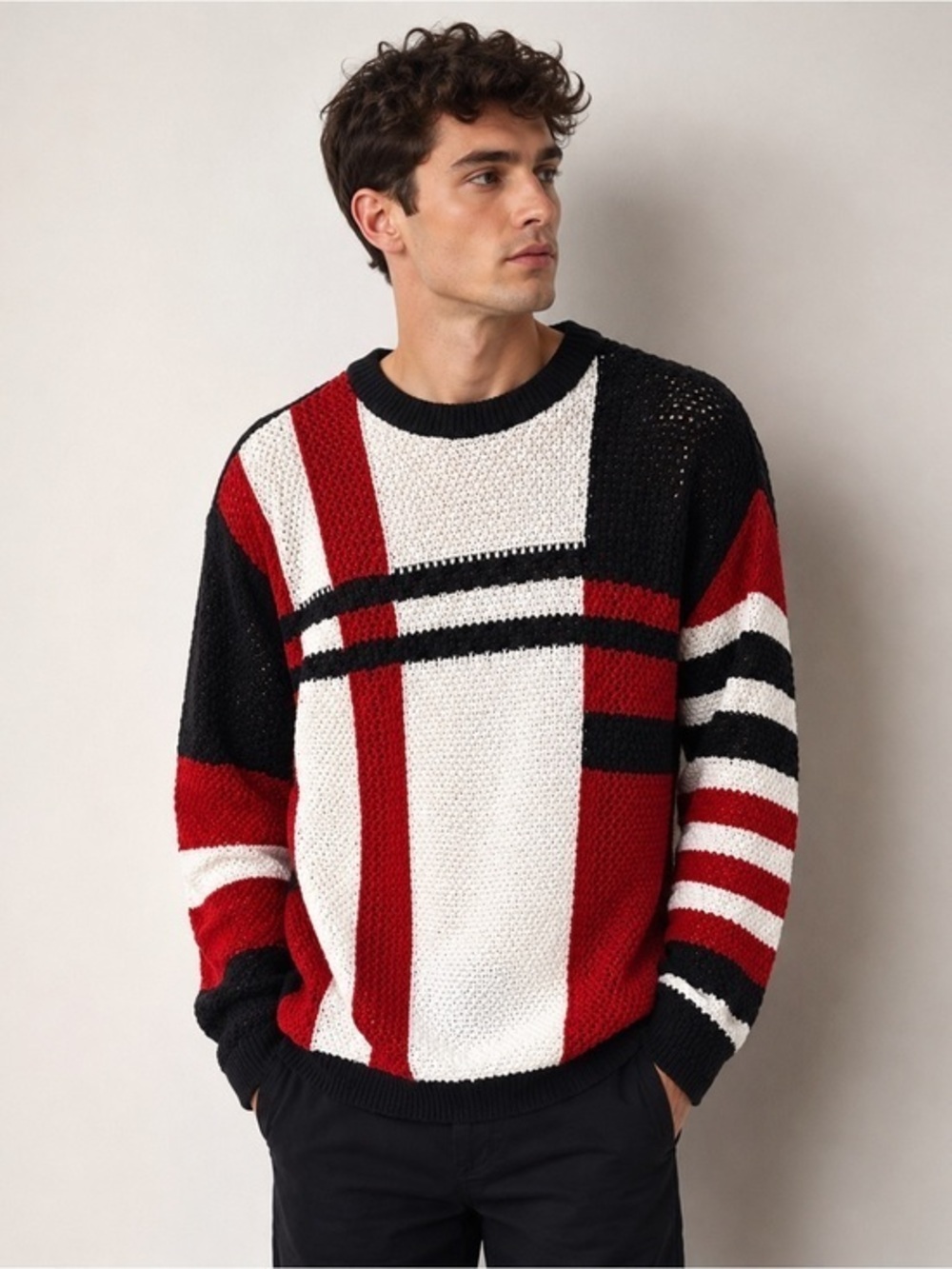 Zara Men's Bold Red, Black, and White Crewneck Sweater